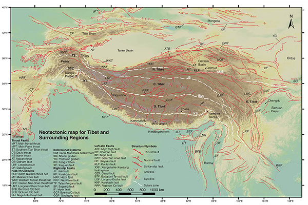 Неотектоническая карта Тибета и окружающих территорий (фрагмент)