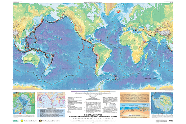 Карта вулканов, землетрясений, импактных кратеров и тектоники плит (фрагмент)