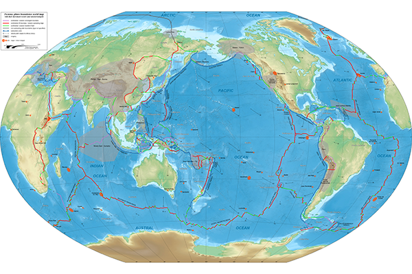 Карта границ тектонических плит с векторами их движения и горячими точками (фрагмент)